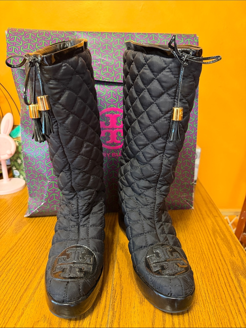 Tory Burch Black Quilted Knee-High Boots with Tassel Drawstrings